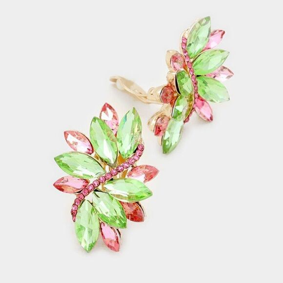 Swirl Pink & Green Marquise Crystal Clip on Earrings NWT - Picture 1 of 5
